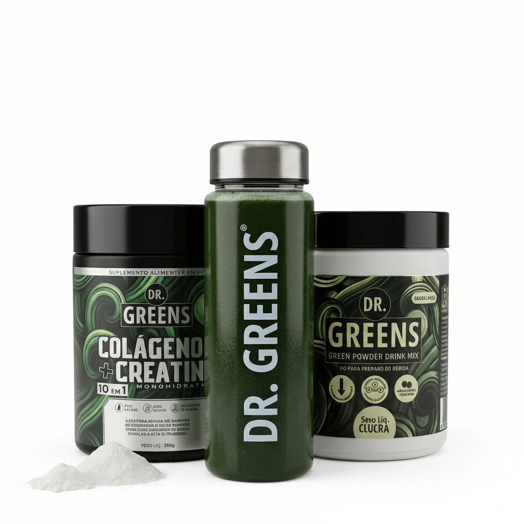 Combo Creatina Monohidratada Dr. Greens Kit Suplemento fundo branco